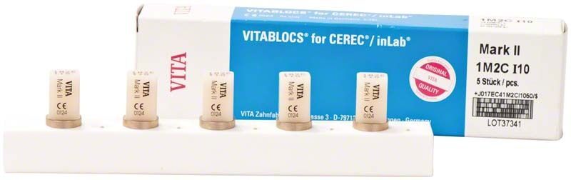 VITABLOCS® Mark II I10 VITA 3D-Master 1M2C in Originalverpackung mit fünf Rohlingen.