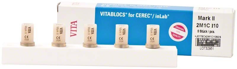 VITABLOCS® Mark II Keramikblöcke vor Verpackung mit Produktdetails.
