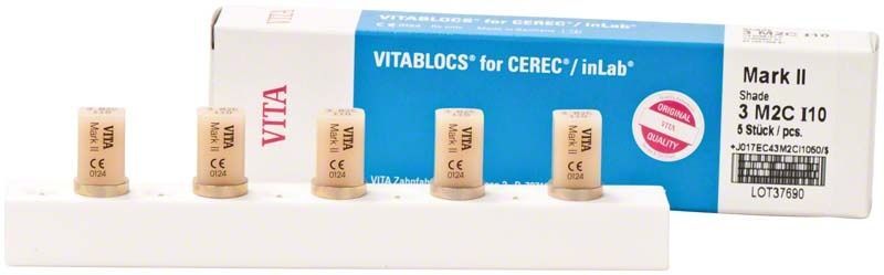 VITABLOCS® Mark II I10 Zahnblöcke vor Verpackung mit VITA-Logo.
