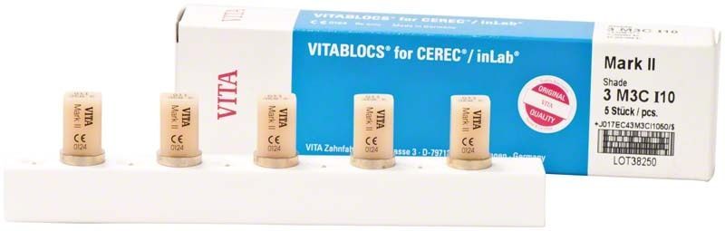 VITABLOCS® Mark II Zirkonblöcke auf weißer Halterung vor Verpackung.