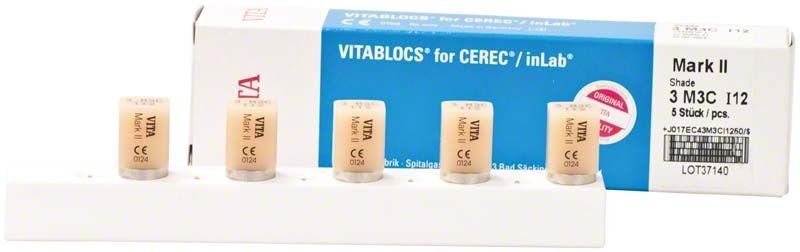 VITABLOCS® Mark II I12 Blöcke für CAD/CAM-Dentalrestaurationen, Verpackung und fünf Blöcke.