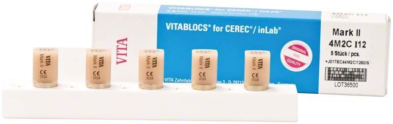 VITABLOCS® Mark II I12 VITA 3D-Master 4M2C Zahnblöcke auf Halterung vor Verpackung.