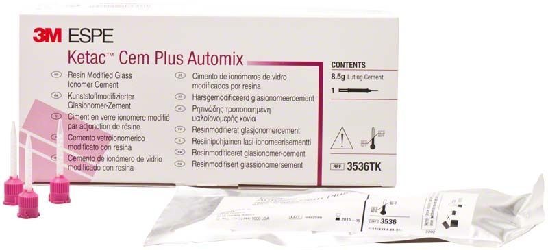 Ketac™ Cem Plus Automix Trial Kit mit Verpackung und Zubehörteilen.