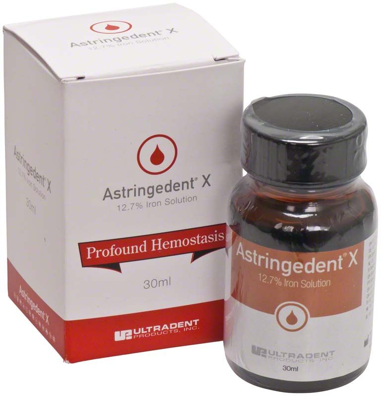 Astringedent® X Flasche und Verpackung mit 12,7% Eisenlösung, 30 ml.