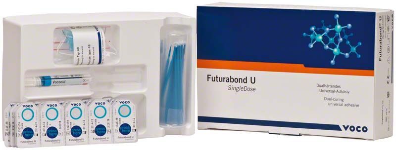 Futurabond U Single Dose Testset mit Einzelverpackungen und Applikationszubehör.