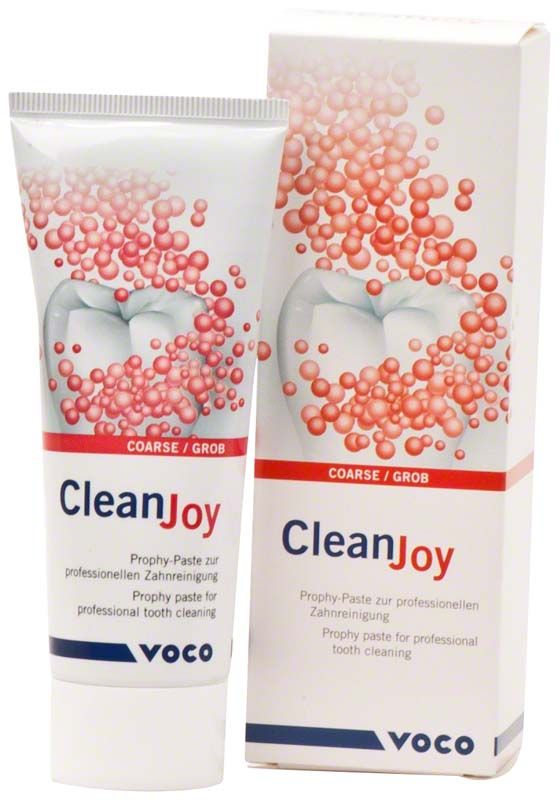 CleanJoy® Zahnpastatube und Verpackung mit roten Blasen und Voco-Logo.