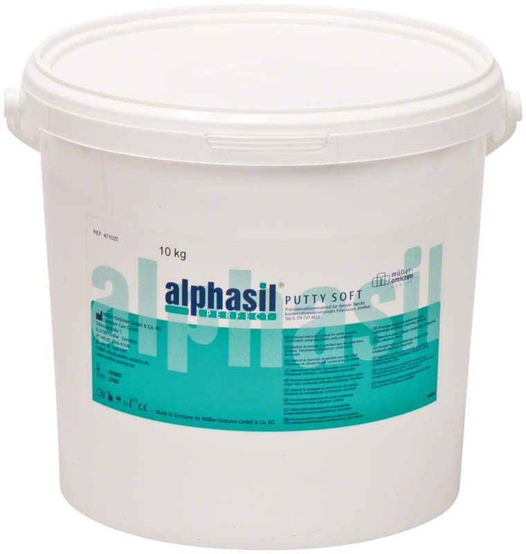 Alphasil perfect putty soft Eimer, 10 kg, weißer Behälter mit blauem Etikett.