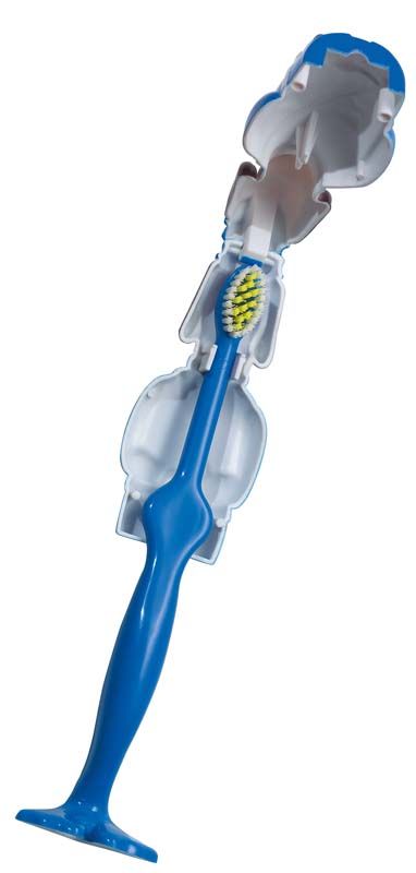 Kinderzahnbürste in Hundform, aufgeschnitten zur Innenansicht, mit blauem Griff.