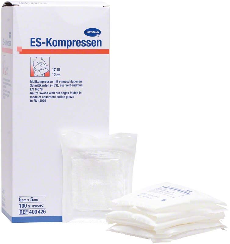 Sterile ES-Kompressen 5x5cm in Originalverpackung mit Produktdetails.