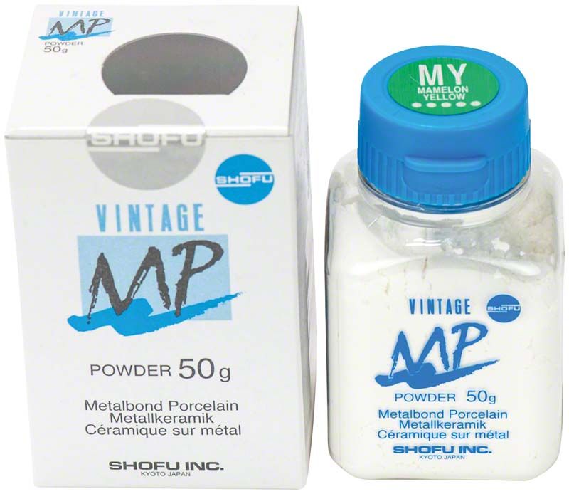 Vintage MP Effektmasse 50g MY Mamelon Yellow mit Verpackung und Flasche.