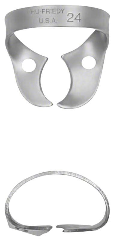 Kofferdam-Klammer Satin Steel Figur 24 für Molaren, rechts oben/links unten.