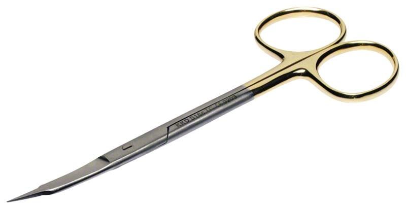 Chirurgische Schere TC Line Goldman Fox, gebogen mit gezackter Klinge.
