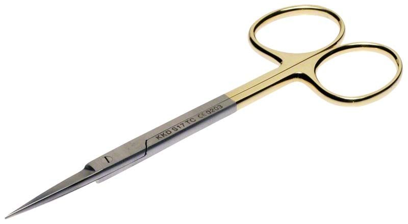 Chirurgische Schere TC Line Iris, gerade, mit goldfarbenen Griffen.