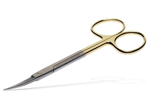 Chirurgische Schere TC Line Iris, gebogen mit goldfarbenem Griff.