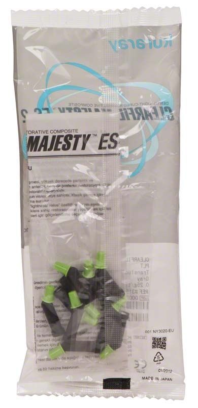 Transparente Verpackung von Clearfil Majesty ES-2 PLT grau mit grünem Verschluss.