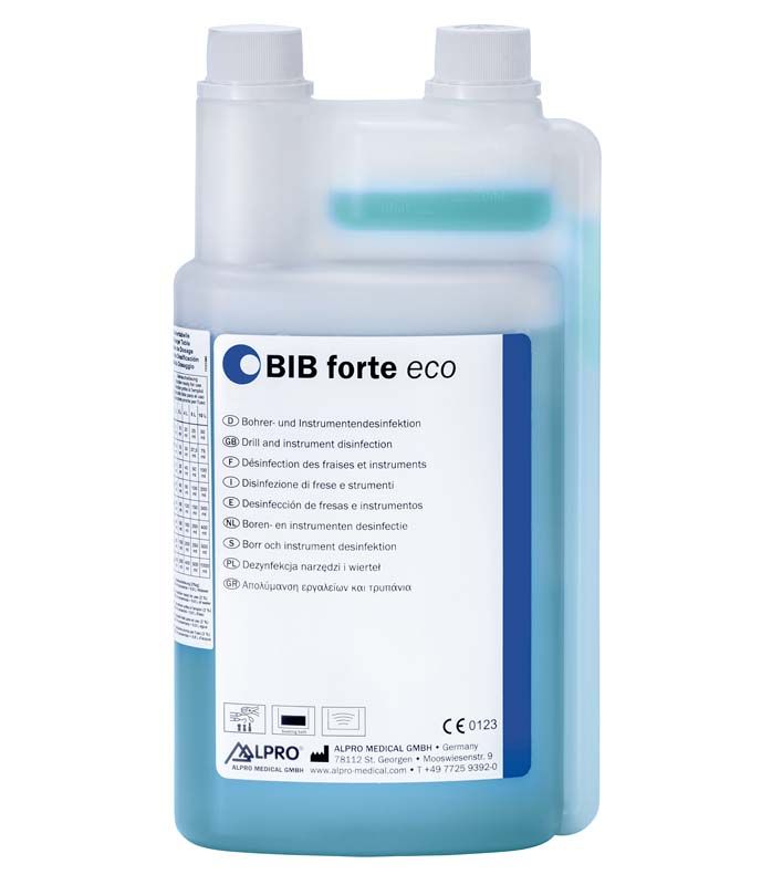 Bib forte Eco 1 Liter Flasche mit blauem Flüssigkonzentrat und Etikett.