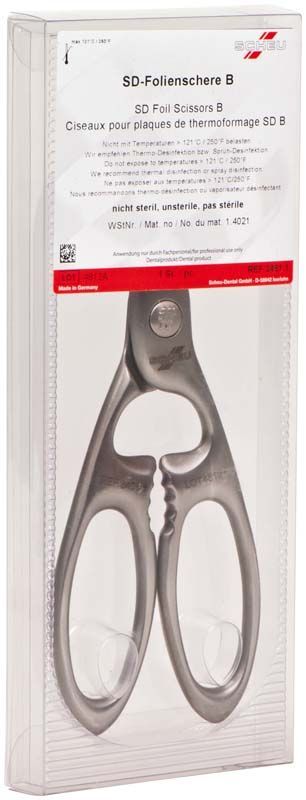 Silberne SD-Folienschere B in transparenter Verpackung für Dentalanwendungen.