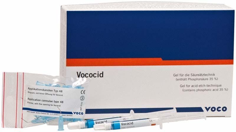 Verpackung von Vococid® Ätzgel mit Applikationskanülen.