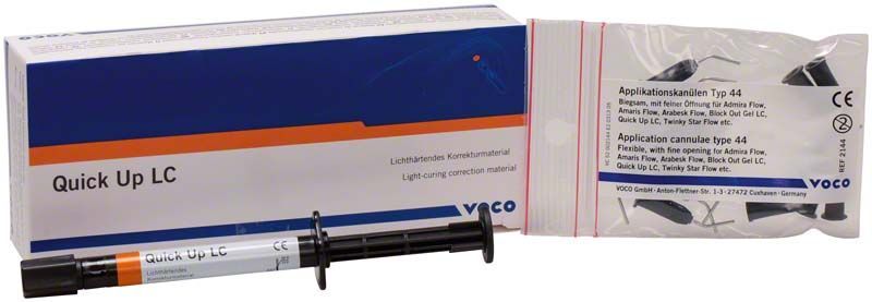Spritze mit lichthärtendem Korrekturmaterial Quick Up® LC und Zubehör im Set.