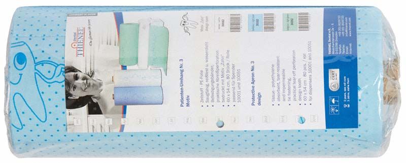 Patienten-Umhang Nr. 3 mit Zahnmotiv in blauer Verpackung.