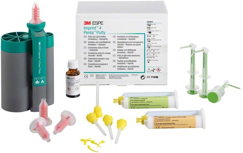 Imprint™ 4 Penta™ Putty Introkit für präzise dentalmedizinische Abdrücke, inklusive Zubehör.