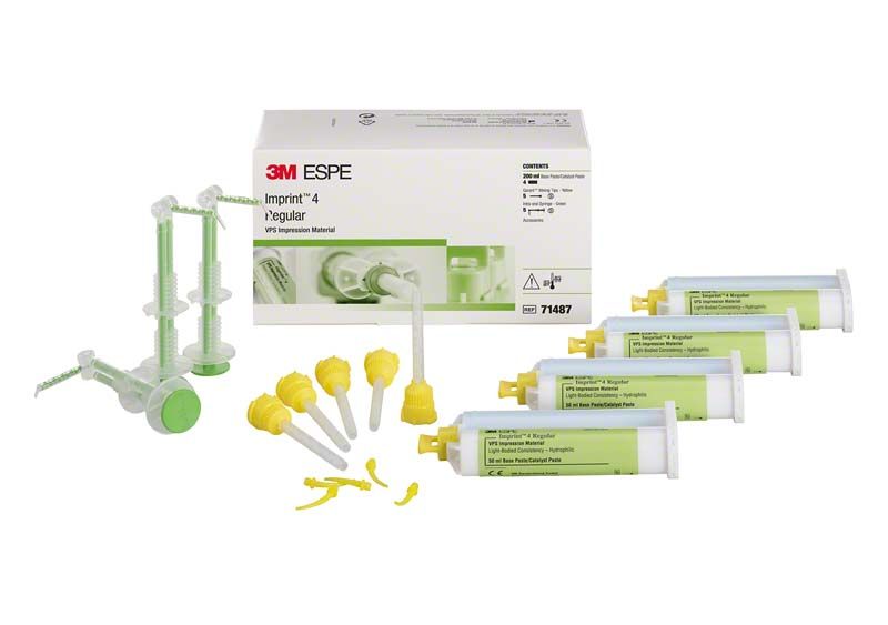 Imprint™ 4 Regular VPS-Abformmaterial mit Dispenser und Zubehör auf weißem Hintergrund.