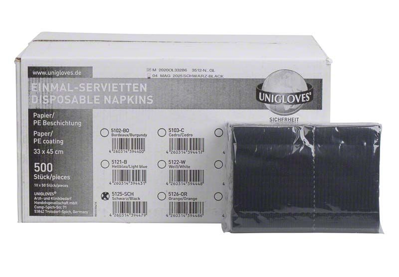 Einmal-Servietten-Packung mit schwarzer Patientenserviette und Produktdetails.
