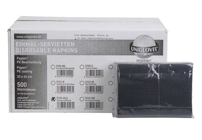 Einmal-Servietten-Packung mit schwarzer Patientenserviette und Produktdetails.