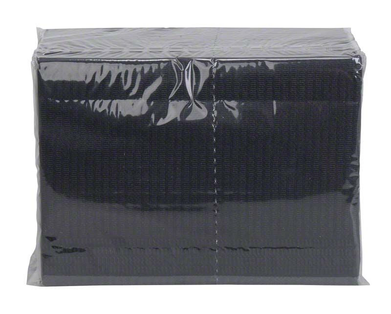 Schwarze Patientenservietten in durchsichtiger Kunststoffverpackung, 2-lagig Papier und Polyethylen.