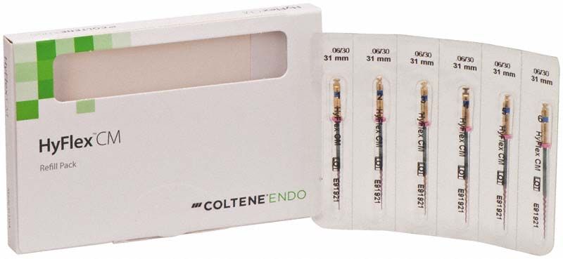 HyFlex™ CM NiTi-Feilen 31mm Gr. 06/30 in Verpackung mit fünf Instrumenten.