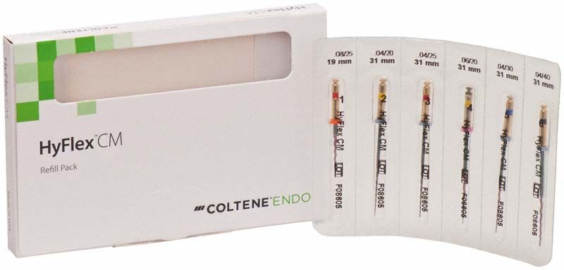 HyFlex™ CM NiTi-Feilen 31mm Sequenz in originaler Verpackung mit sechs Feilen.