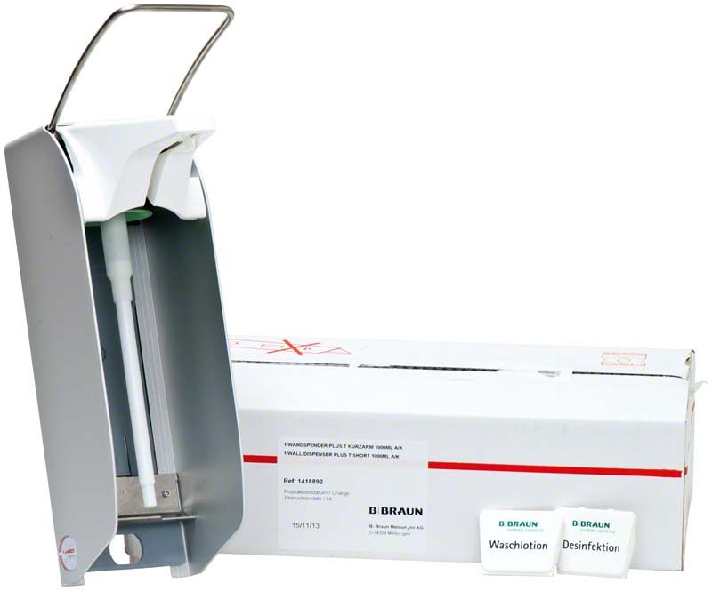 Wandspender Plus T mit sichtbarem Armhebel und Verpackung von B. Braun.