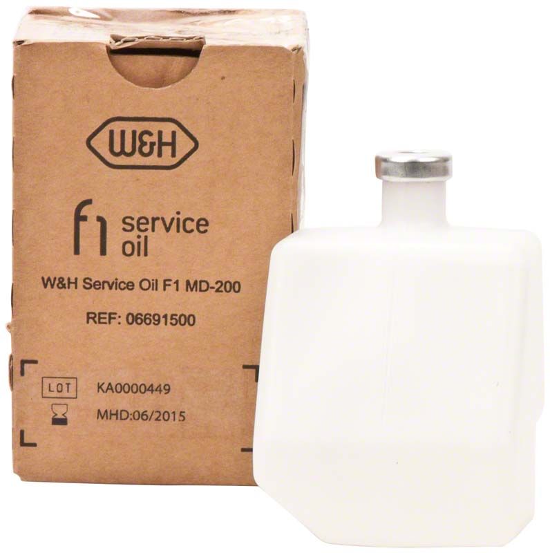 MD-200 W&H Service Oil F1 Flasche vor Kartonverpackung.