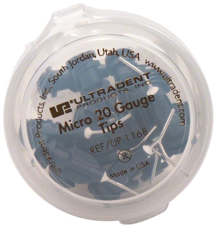 Dunkelblaue Micro 20ga Tips in runder Kunststoffverpackung von Ultradent Products.