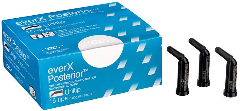 Blau-weiße Verpackung von everX Posterior™ 15 Unitips mit drei schwarzen Applikatoren.