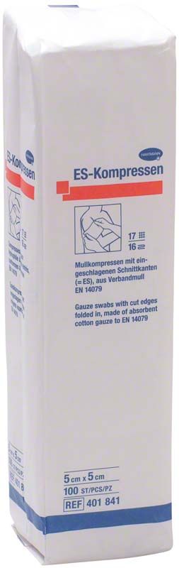 ES-Kompressen unsteril 5 x 5cm in Verpackung mit Produktdetails.