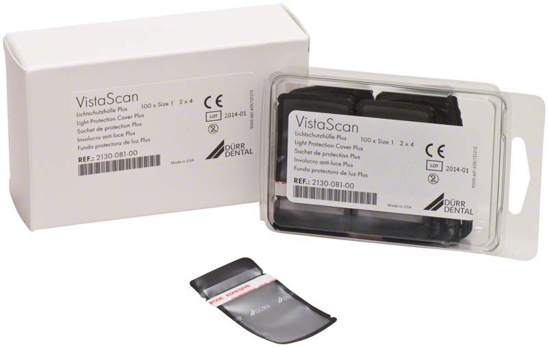 VistaScan Lichtschutzhüllen Plus in Verpackung mit Etikettendetails.