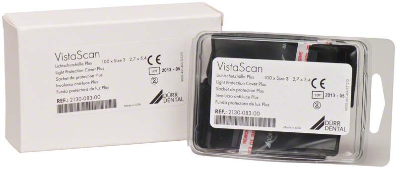 VistaScan Lichtschutzhüllen Plus Verpackung und Einzelhülle mit Etikett.