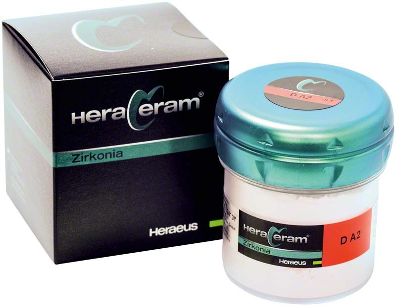 HeraCeram® Zirkonia Dentin DA2 100g im Kunststoffbehälter mit Verpackung.