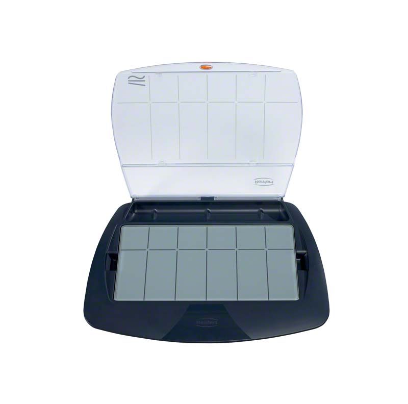 Offene lay:art crystal Box mit klarer Abdeckung und grauen Fächern.