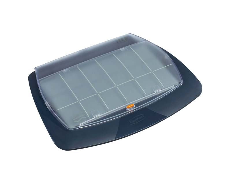 Geschlossene lay:art crystal Box mit klarer Abdeckung und grauem Design.