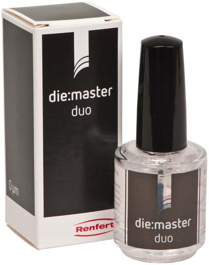 Renfert die:master duo Härter-Flasche und Verpackung auf weißem Hintergrund.