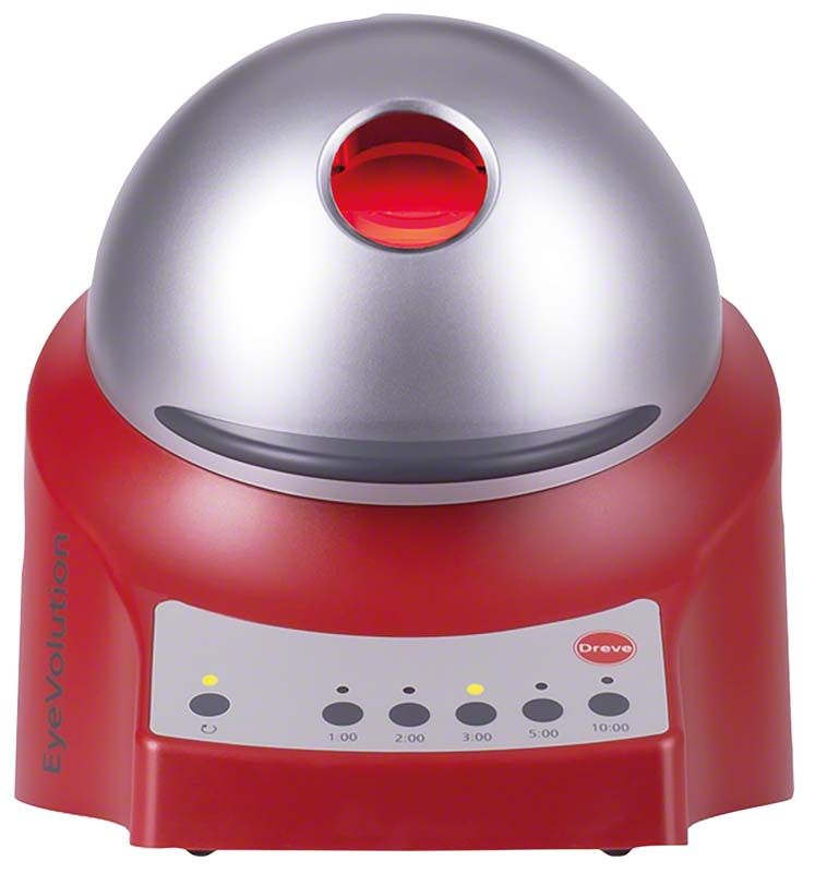 Roter EyeVolution® Augenpflege-Inkubator mit silbernem Deckel und Bedienelementen.