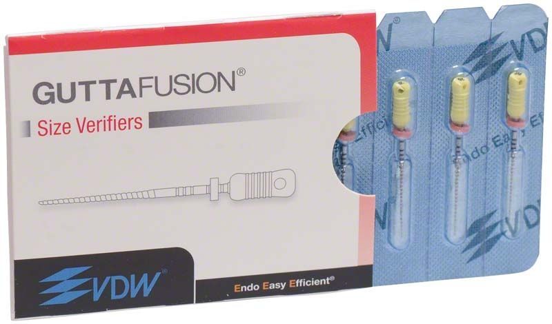 GUTTAFUSION® Size Verifier Gr. 020 in Verpackung mit drei gelben Verifiern.
