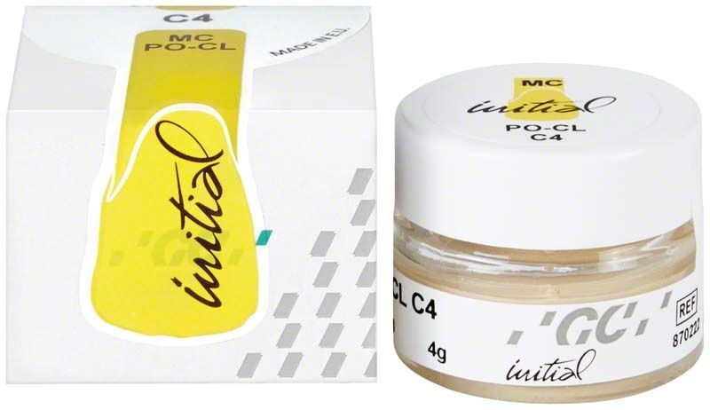 GC Initial MC Paste Opaque PO-CL C4 in weißem Tiegel mit Verpackung.