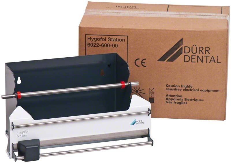 Hygofol Station mit Halterung und Verpackung von Dürr Dental.