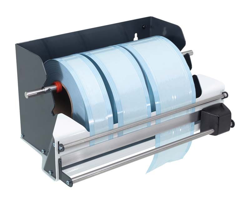 Hygofol Station mit blauen Folienrollen und Schneidevorrichtung.