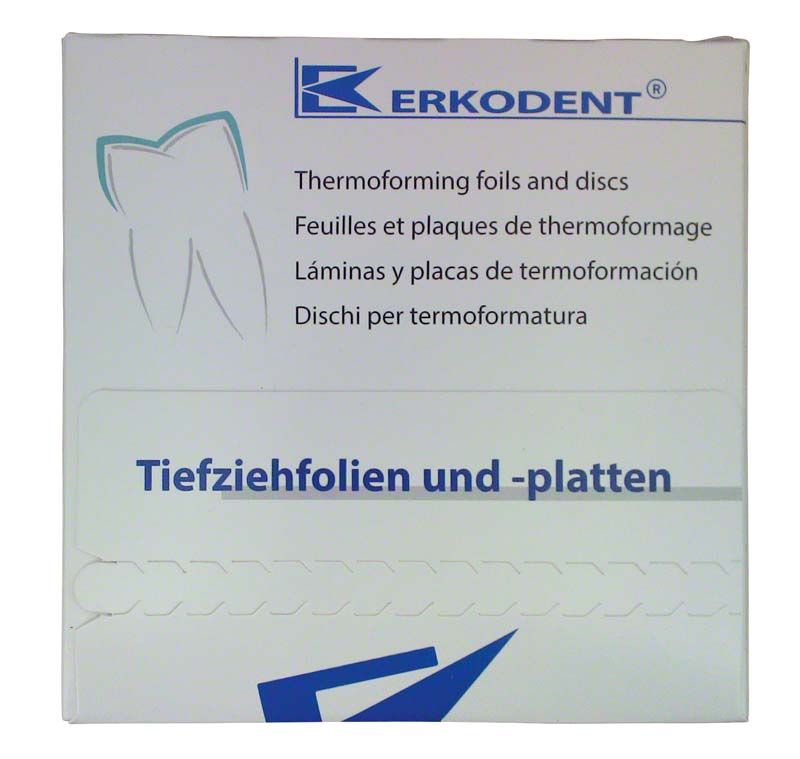 Verpackung der Erkoflex-bleach Tiefziehfolien mit mehrsprachiger Beschriftung.