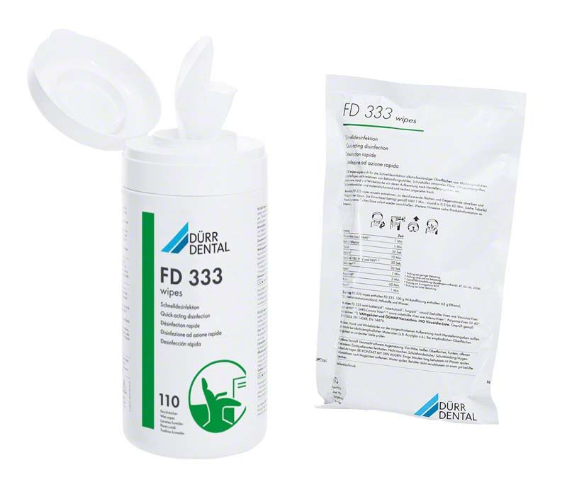 Gebrauchsfertige FD 333 Desinfektionstücher von medic-star in Dose und Nachfüllpackung.