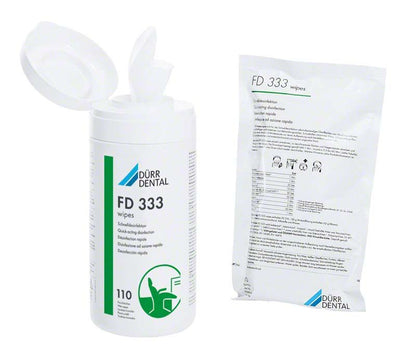 Gebrauchsfertige FD 333 Desinfektionstücher von medic-star in Dose und Nachfüllpackung.